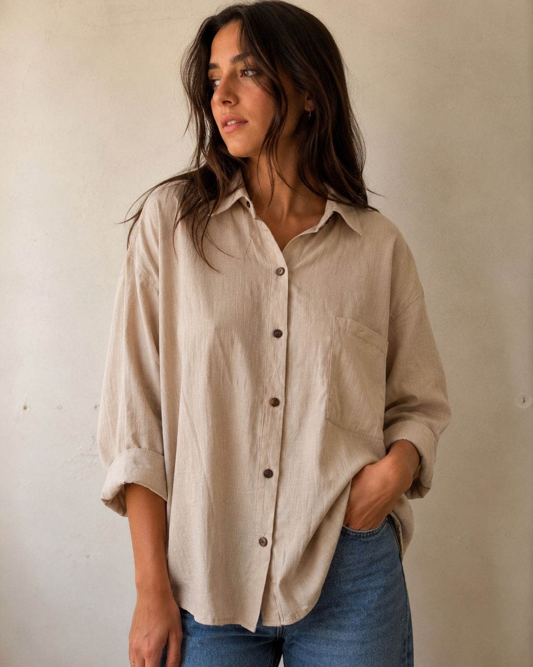 Camisa lino manga tres cuartos con presillas