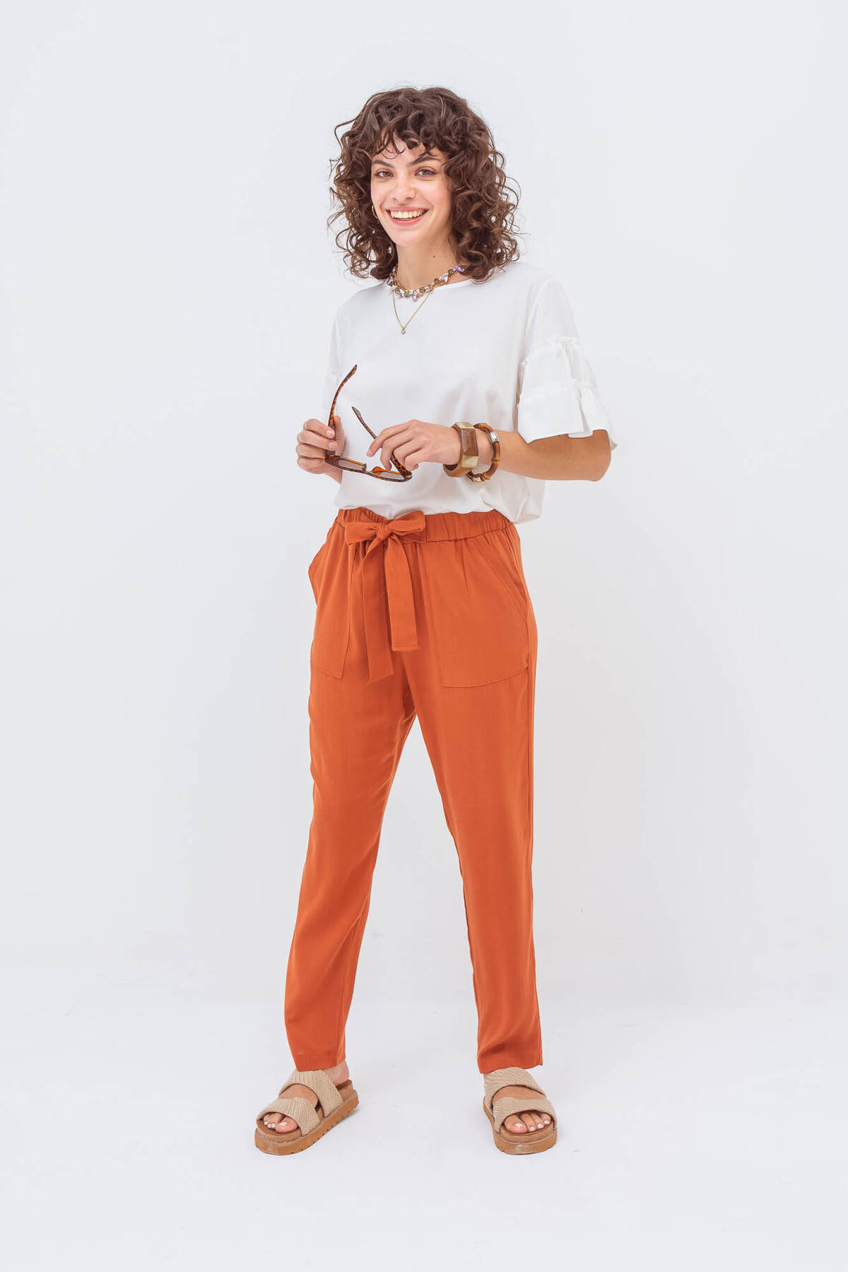Pantalón de lino elastizado con elástico lazo bragueta simulada