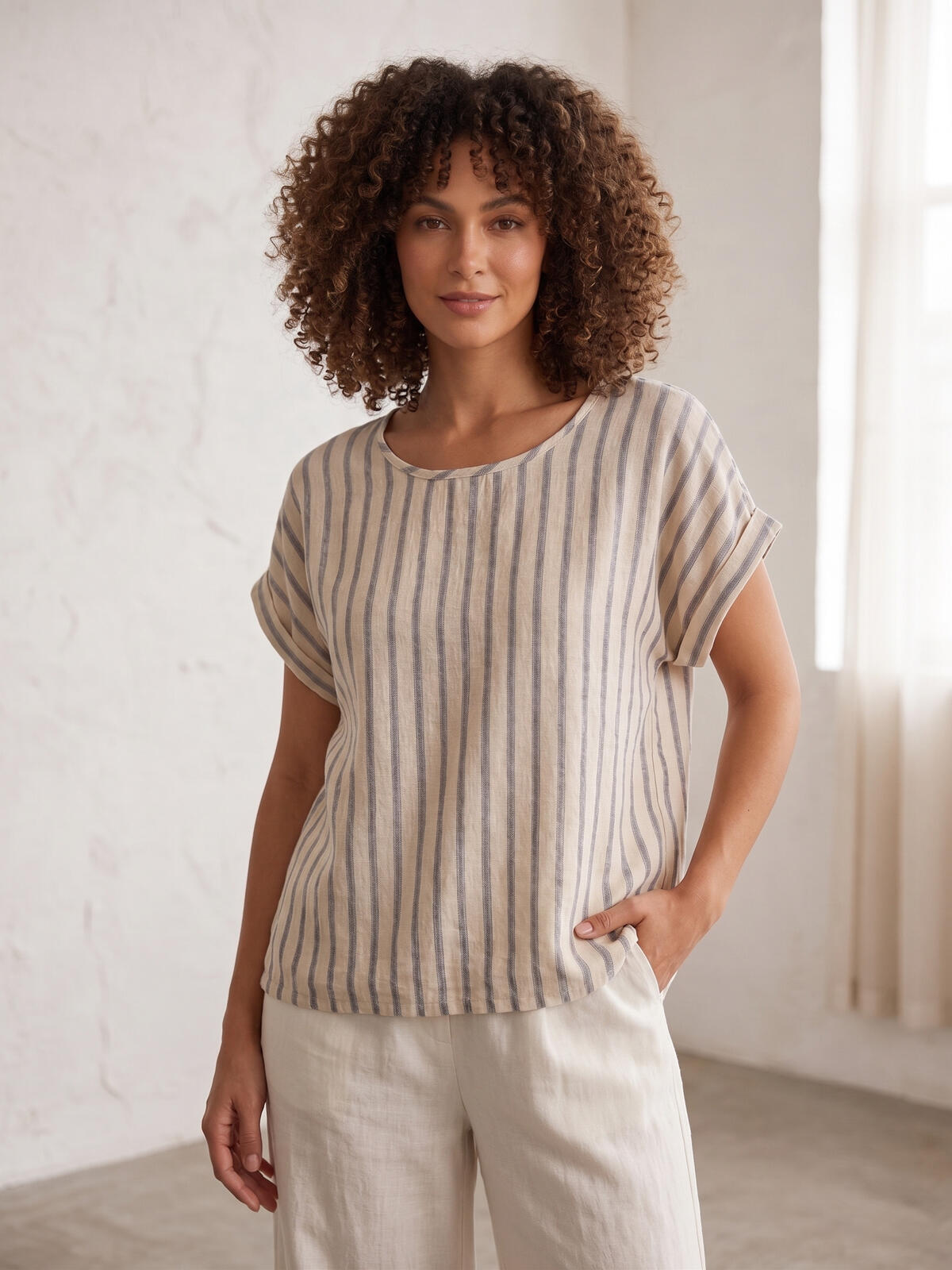 Blusa rayada de lino texturado
