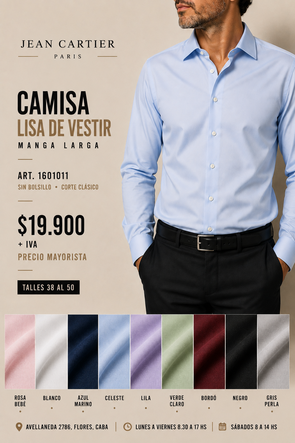 CAMISA LISA VESTIR CUELLO ITALIANO 38 AL 44 T ESP 3.000 MAS