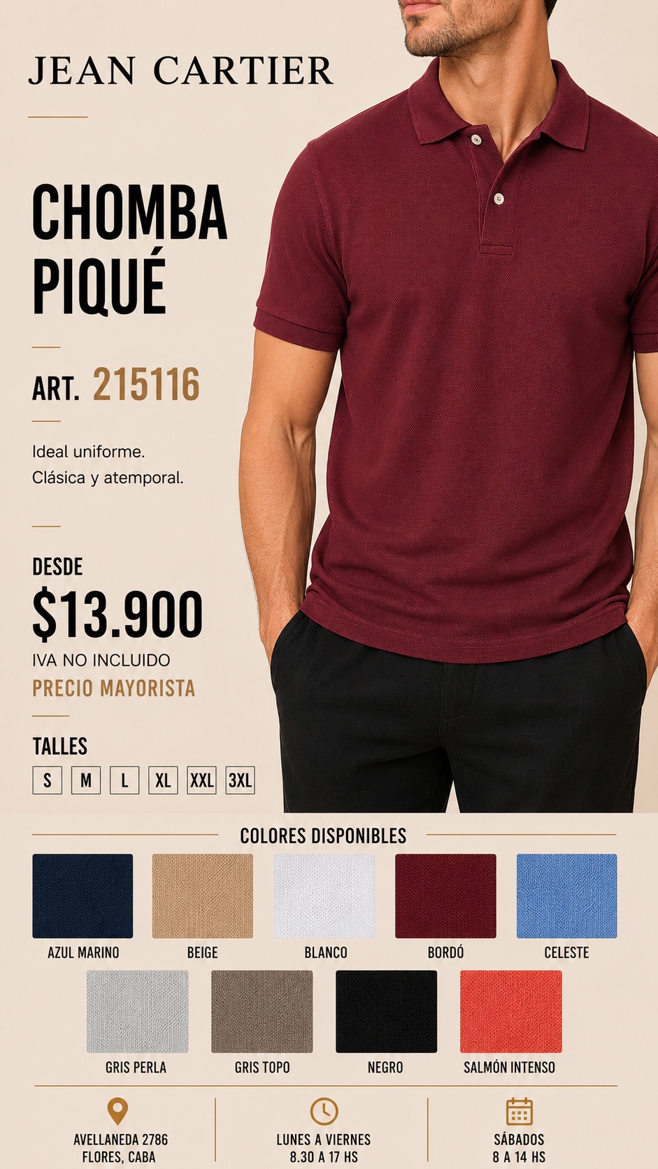 CHOMBAS JEAN CARTIER PIQUE PURO ALGODON TALLES S AL XL.