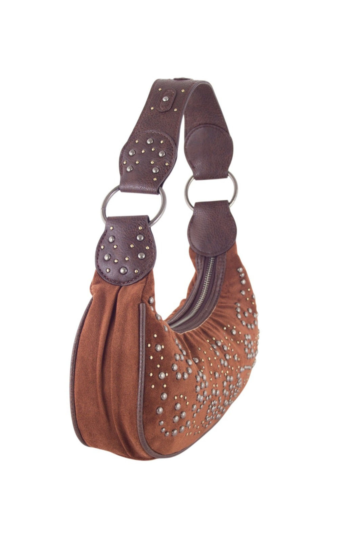 Cartera bananita con apliques metalicos de gamuza