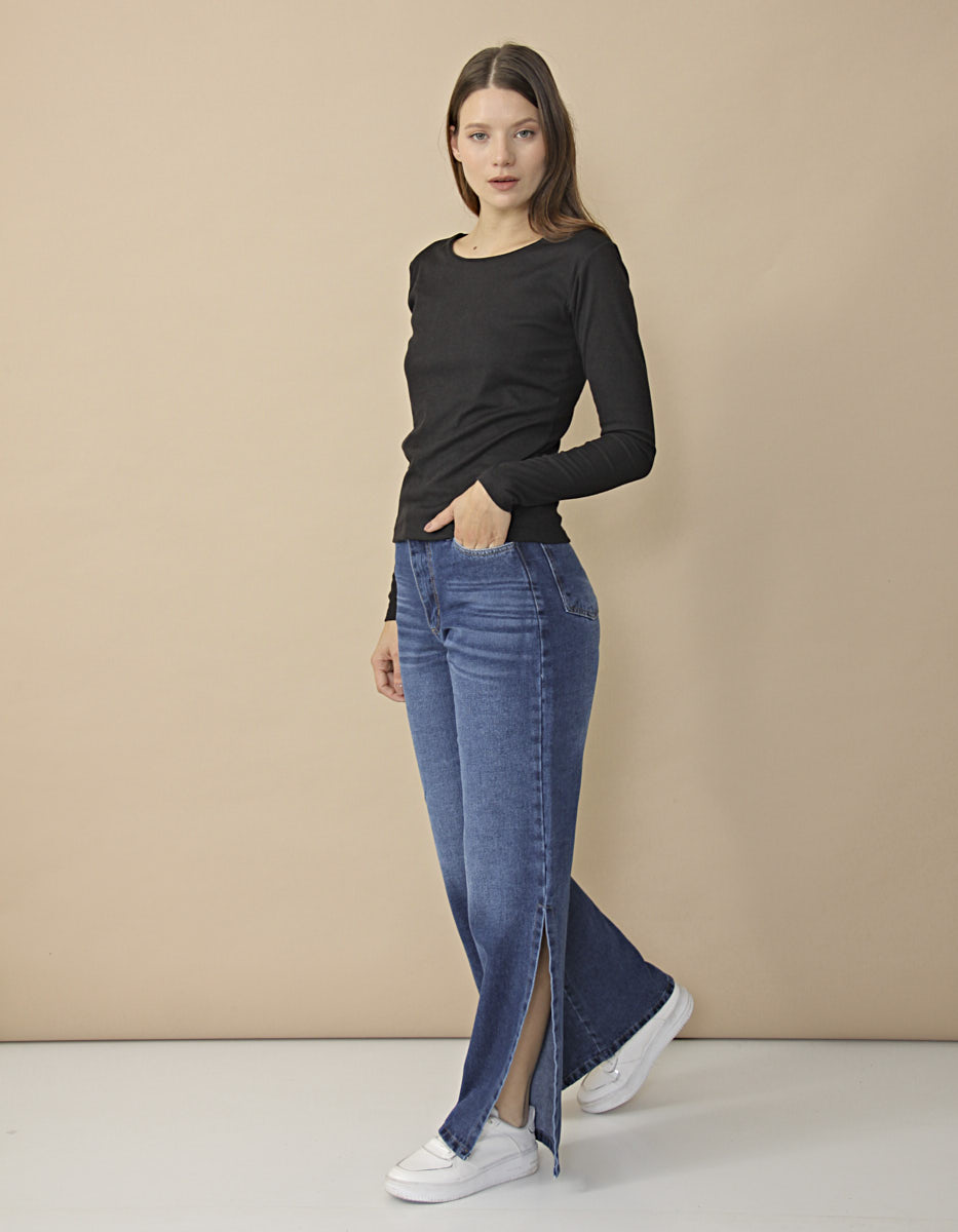 Pantalón Jean Wide Leg Con Tajo Rígido