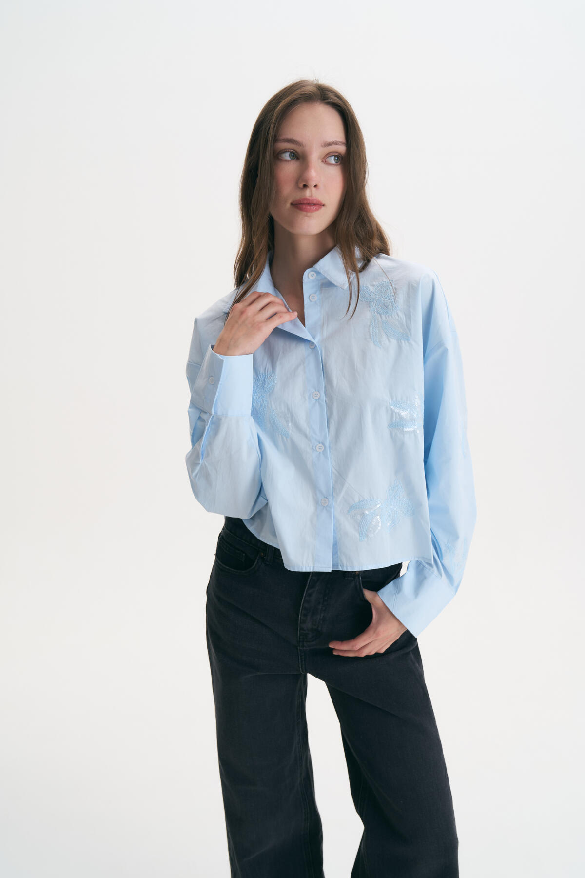 Camisa Corta Bordado Brillos Celeste