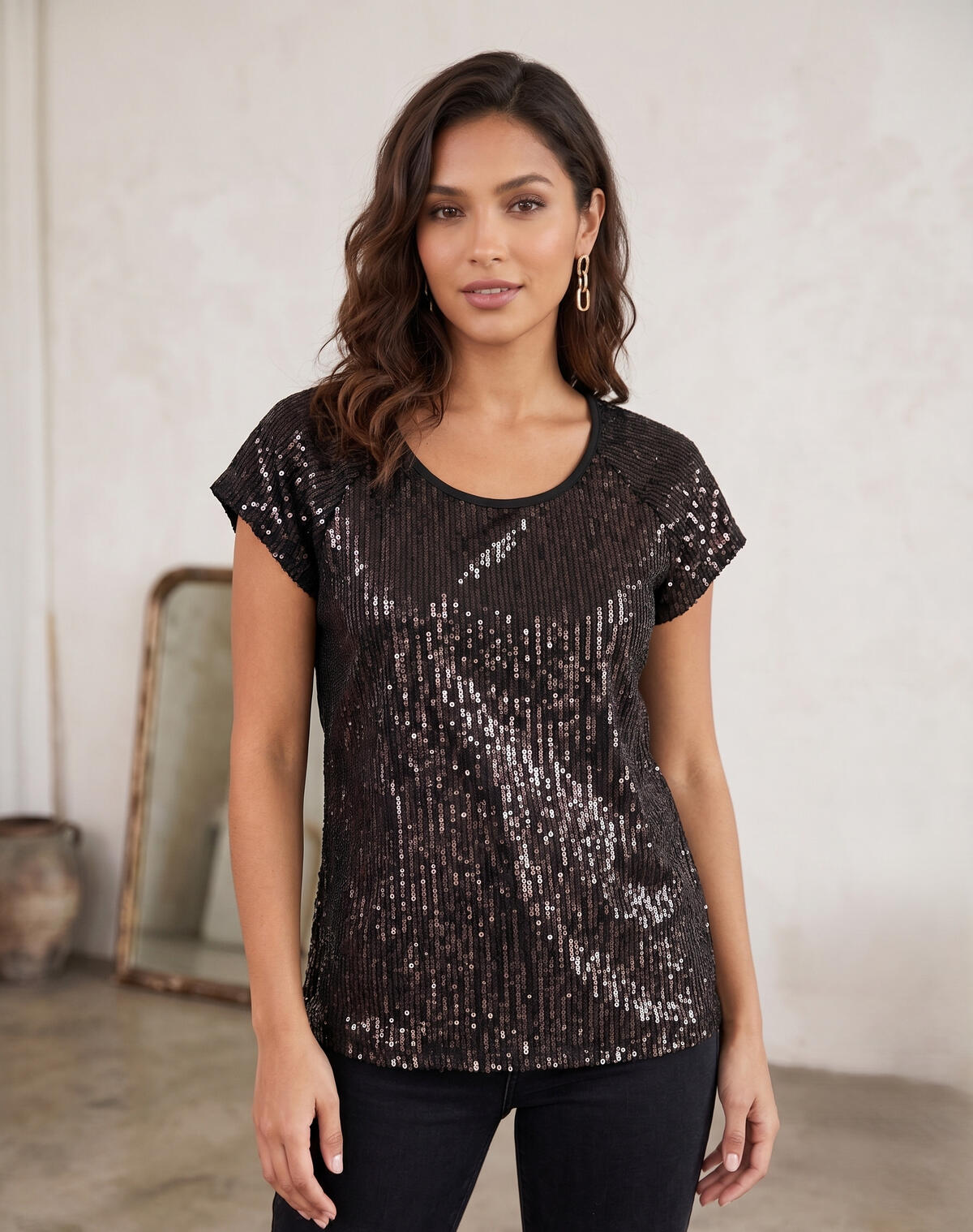Remera lentejuela combi modal liso